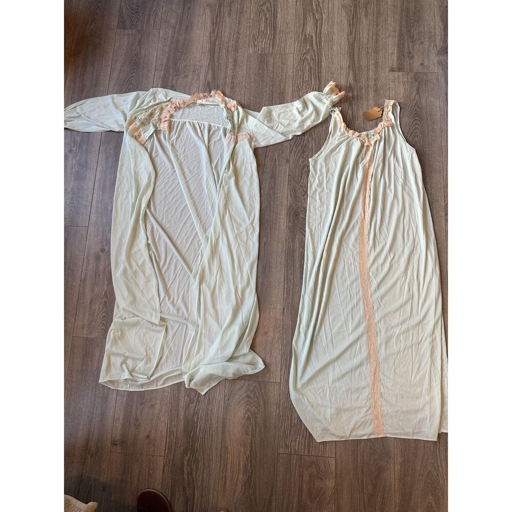 Vintage Nightgown Robe Set Womens Medium Lace Nylon Loungewear 70s Pajamas